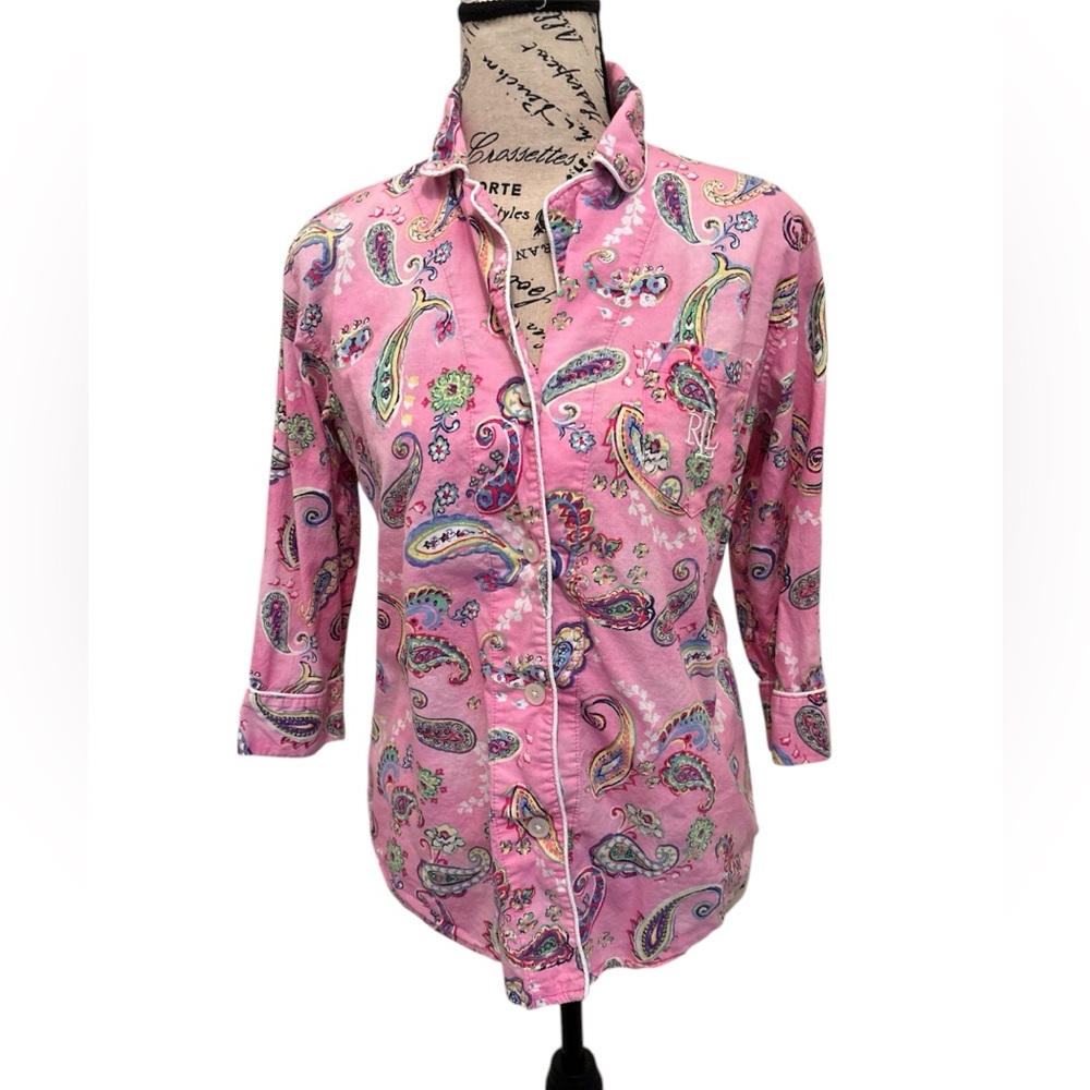 Lauren Ralph Lauren Women Pink Paisley 3/4 Sleeve Cropped Pajama TOP ONLY Sz s